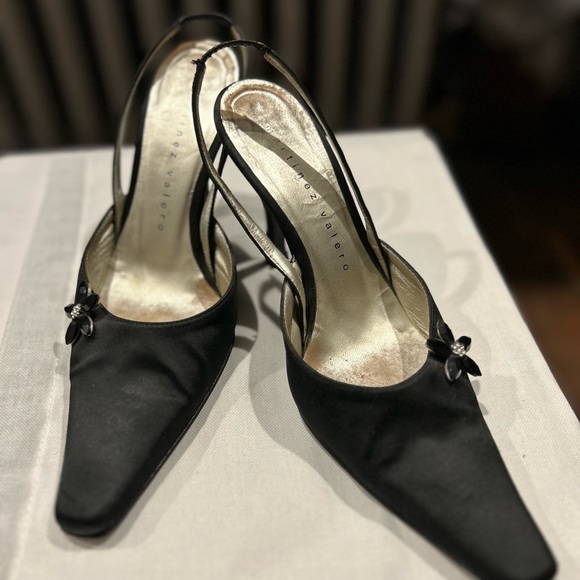 Black Satin Martinez Valero 3” Heels with rhinestone flower details. - Picture 2 of 4